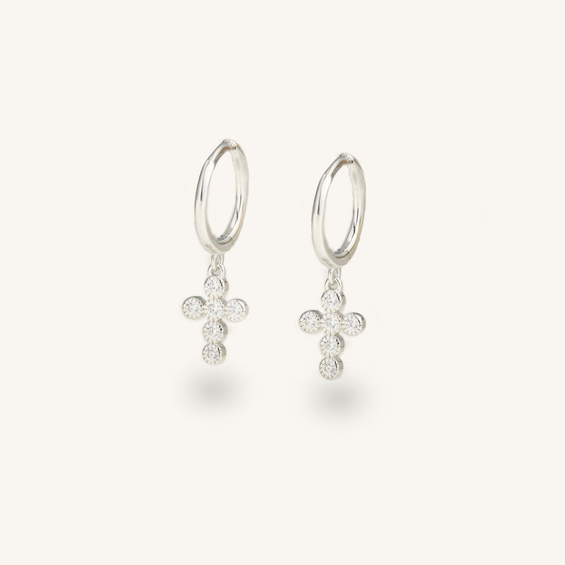 Crystal Cross Huggies-Silver