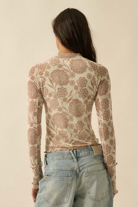 Floral Print Mesh Mock Neck Raglan Top Cream
