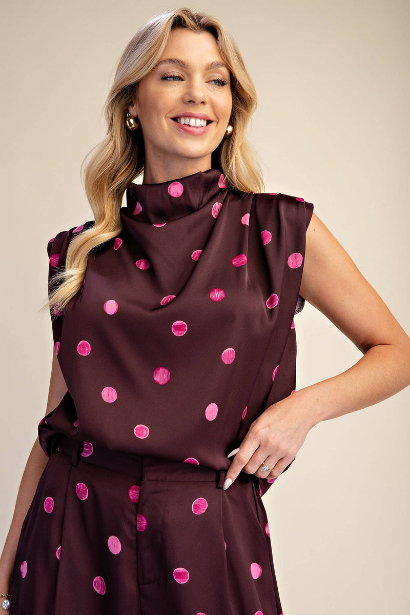 Cowl Mock Neck Polka Dot Sleeveless Top - Plum