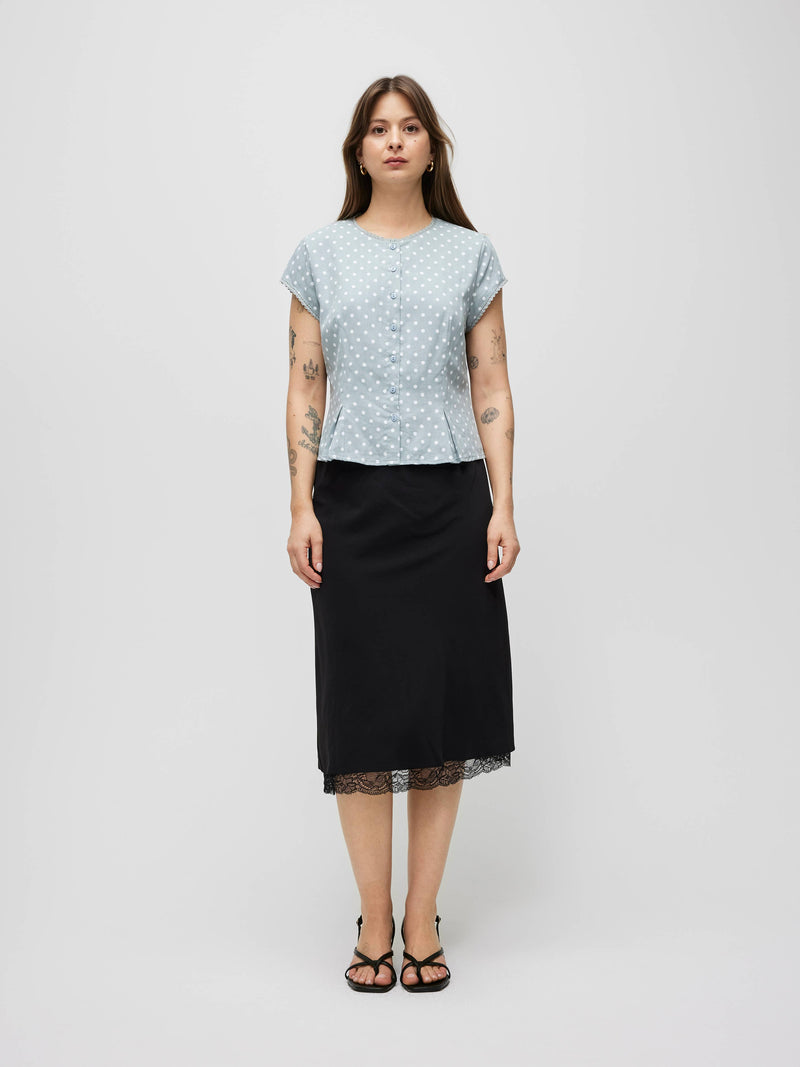 The Ruby Skirt | Satin Lace Midi Skirt - Black
