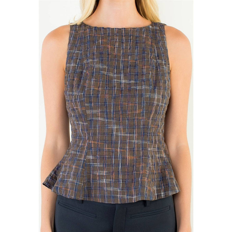 Plaid Peplum Top - Brown