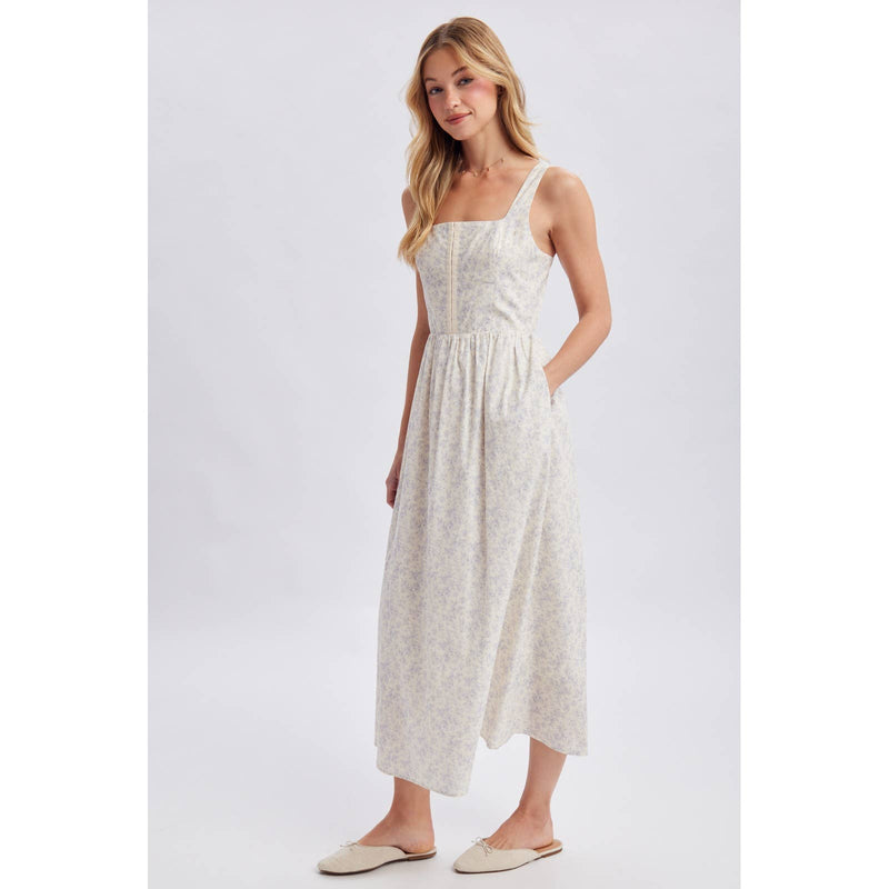 Floral Print Corset Midi Dress - Blue & Cream