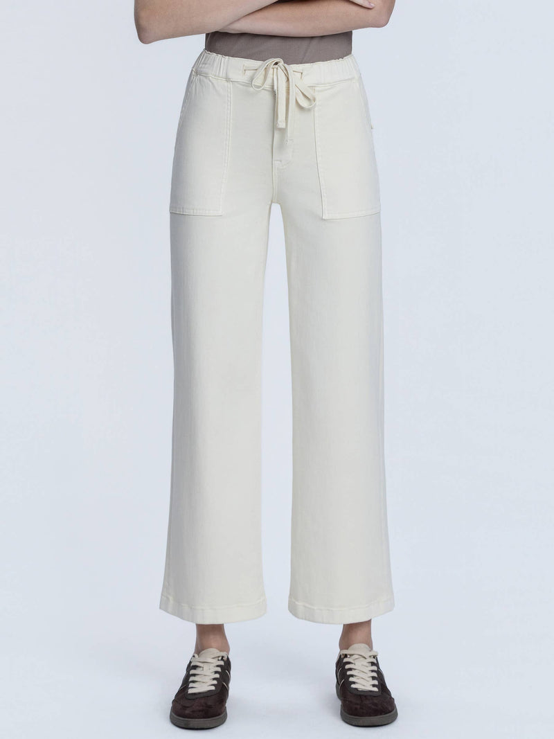 High Rise Baggy Drawstring Wide Jeans - Ecru