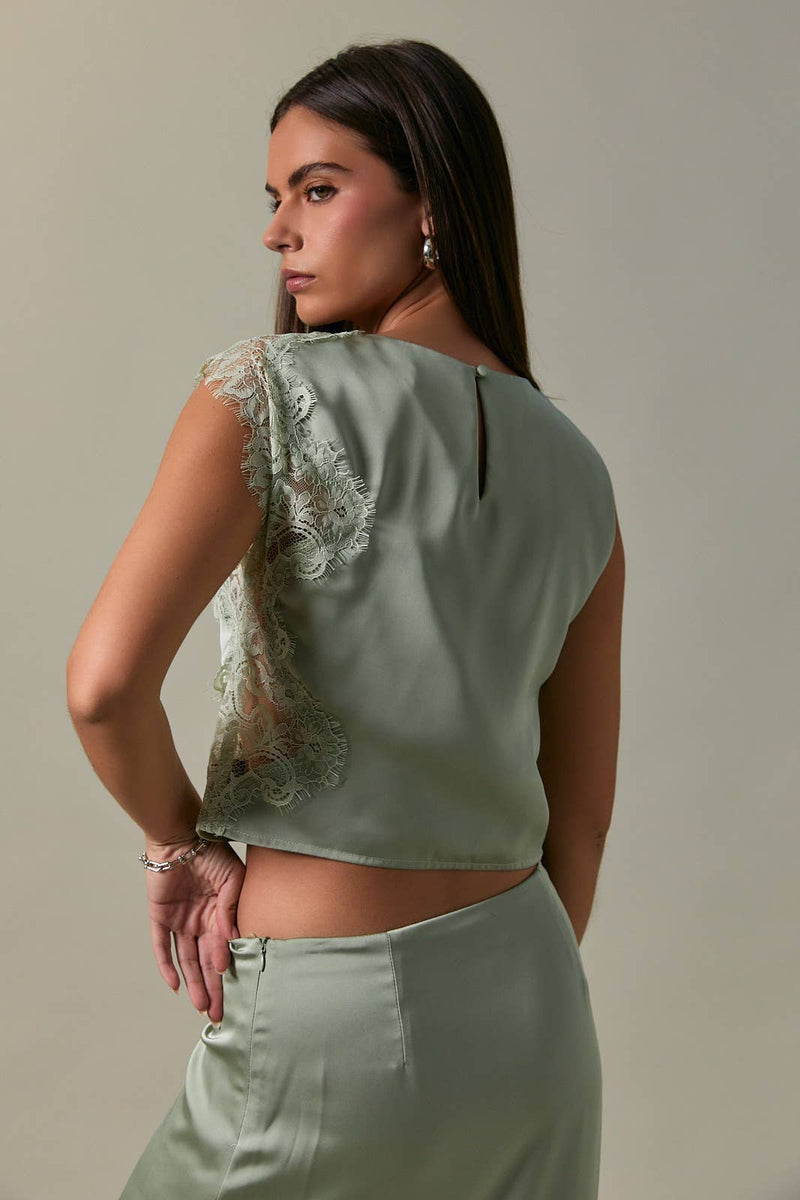 Sleeveless High Neck Lace Satin Crop Top - Sage