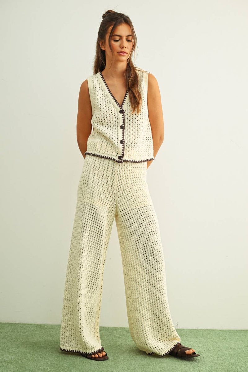 Crochet Knit Pants - Beige & Brown