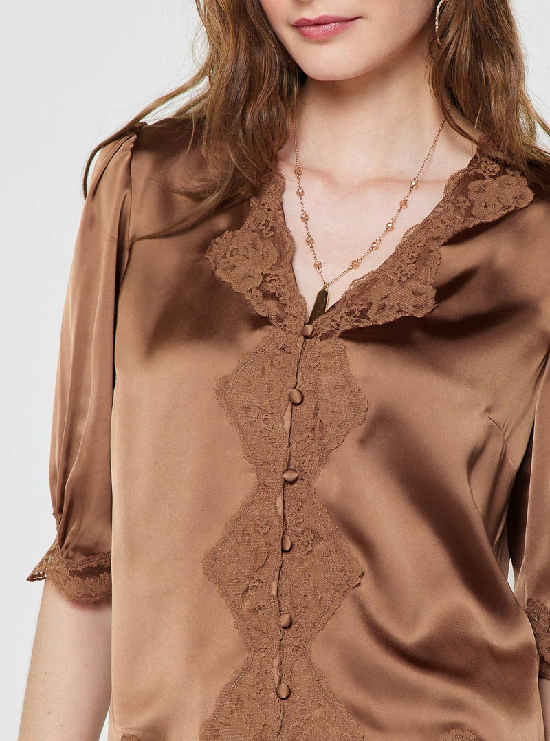 Lace Satin V-Neck Blouse - Mocha