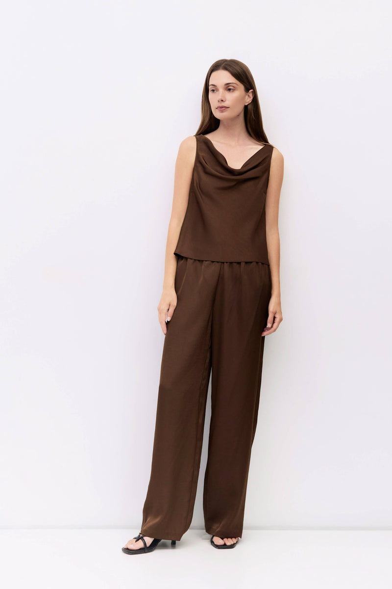 The Denver Top | Crushed Satin Cowl Neck Top - Brown
