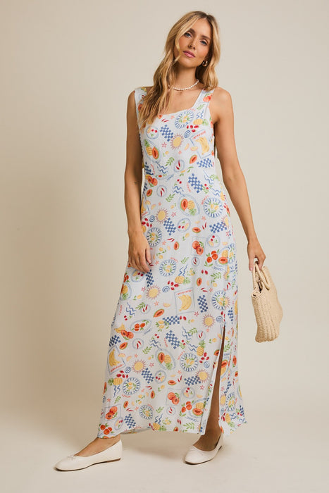 Fruit Print Dress - Light Blue