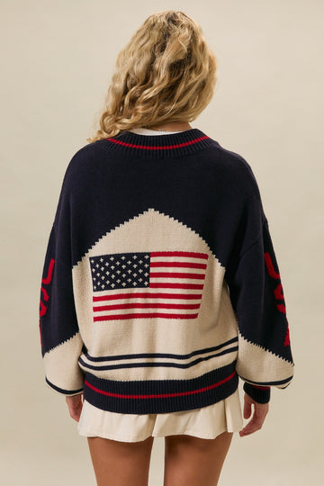 USA Flag Sweater Jacket - Navy & Cream