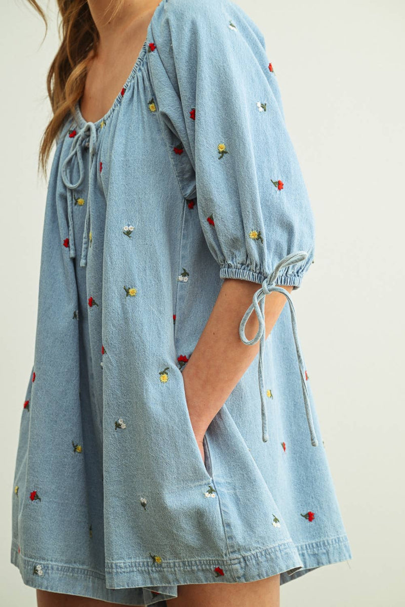 Embroidered Denim Romper with 3/4 Sleeve