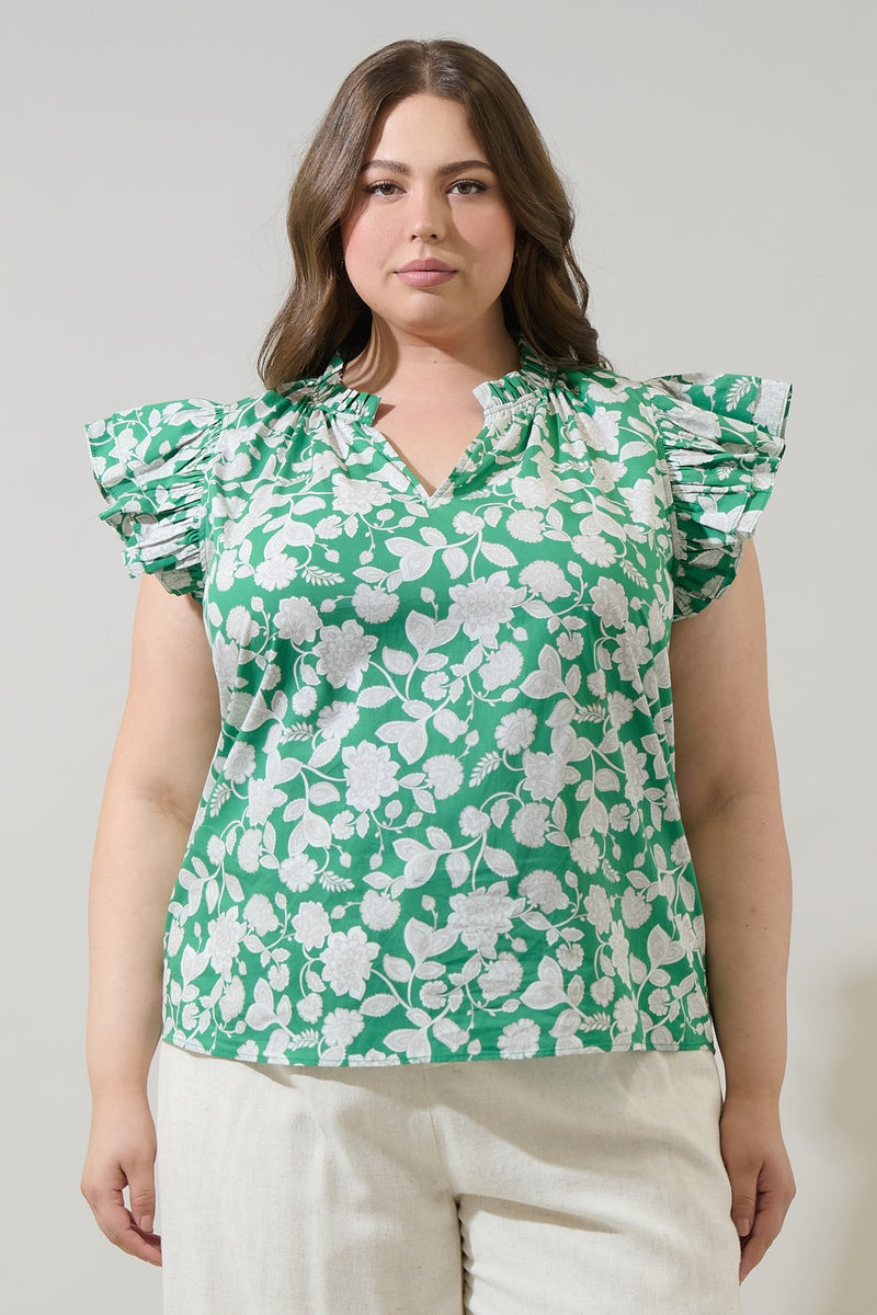Floral Flutter Sleeve Top - Green & Grey