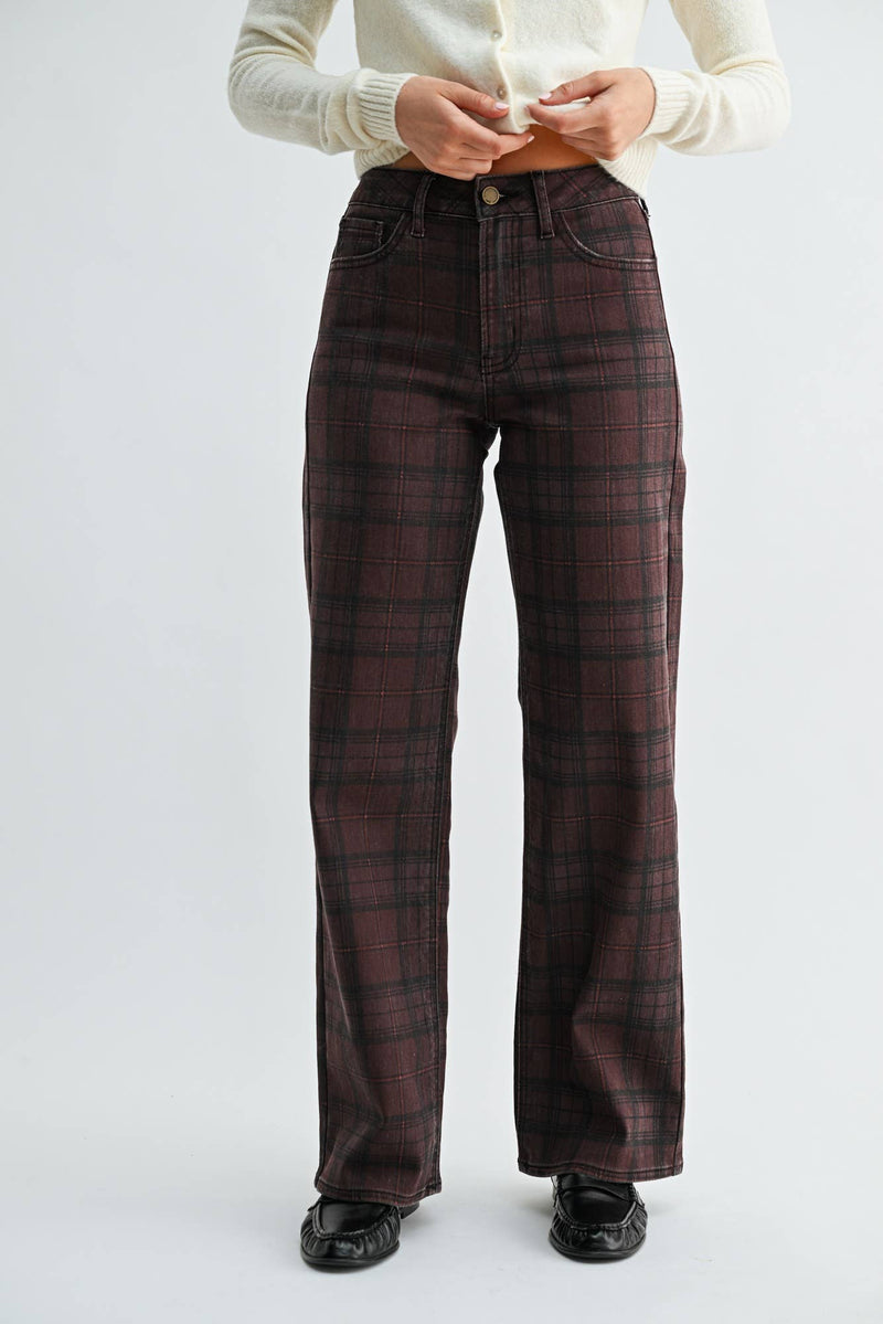 Just Black Denim • High Rise Full Length Straight Jeans - Dark Burgundy Plaid