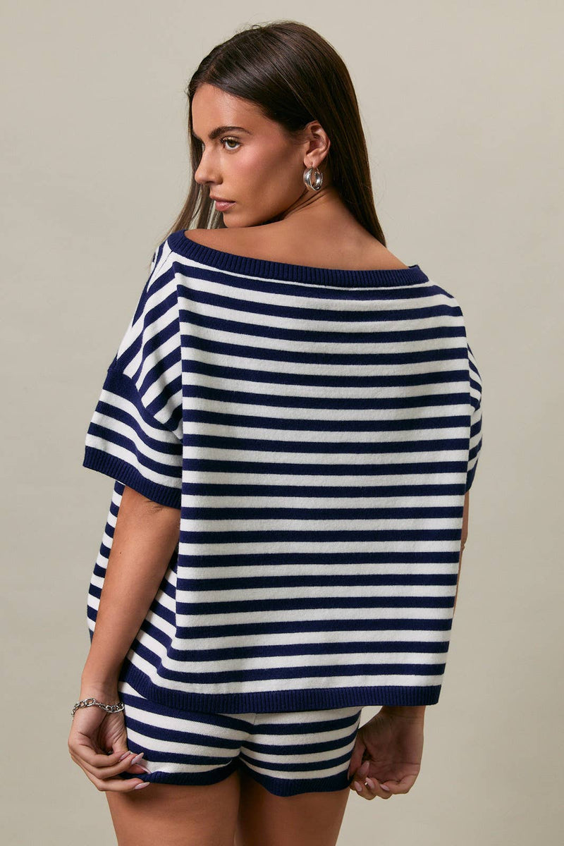 Striped Oversized Short Sleeve Sweater Top - White & Navy