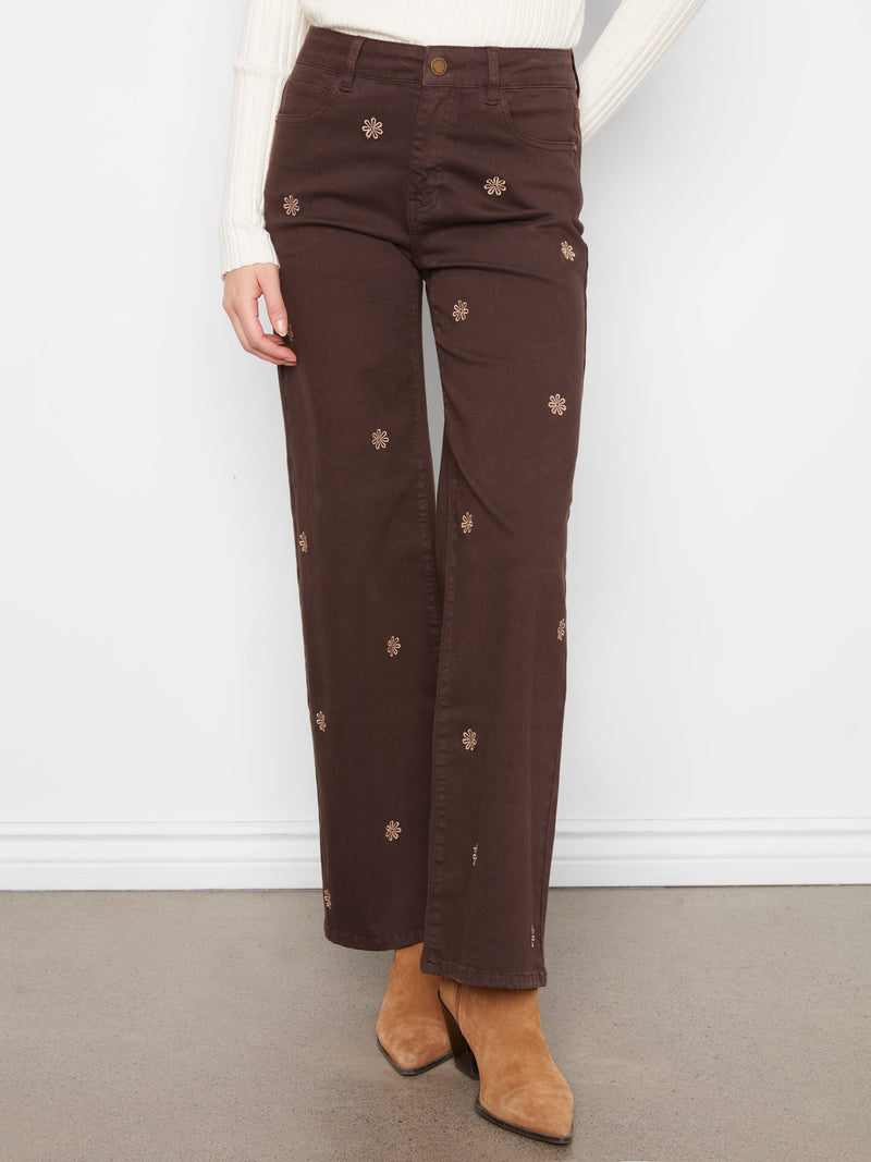 Charlie B • Wide Leg Twill Pants W/ Front Embroidery - Coffee