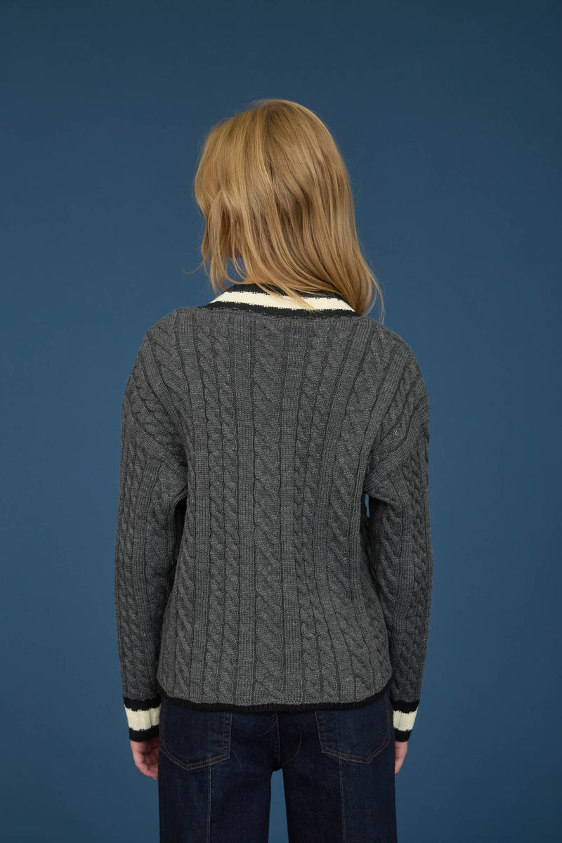 Contrast Stripe Trim Cable Knit Boyfriend Cardigan Grey