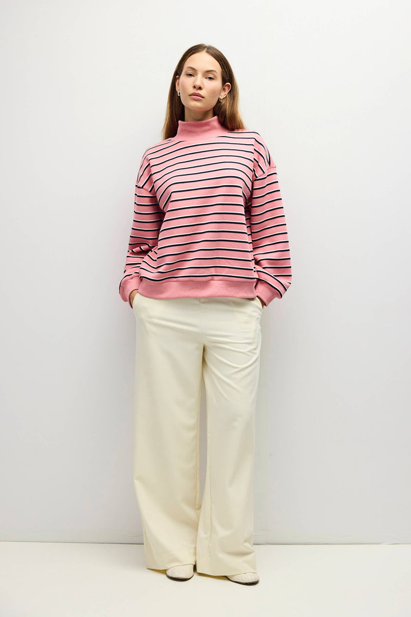 The Charlie Sweater | Mock Neck Striped Sweater - Pink & Navy & White