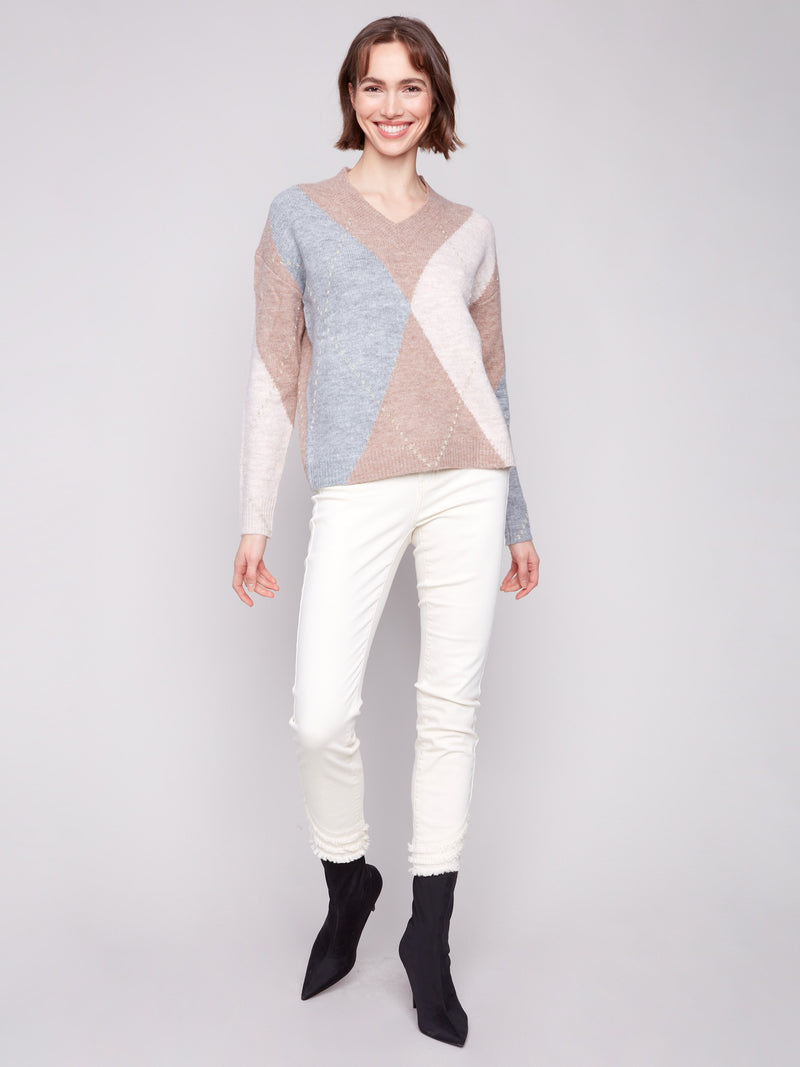 Drop Shoulder V Neck Jacquard Sweater - Sesame
