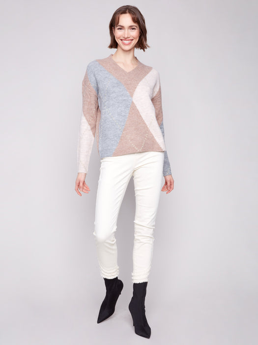 Drop Shoulder V Neck Jacquard Sweater - Sesame