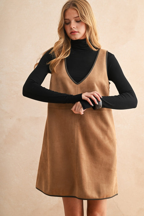 V Neck Suede Dress - Mocha