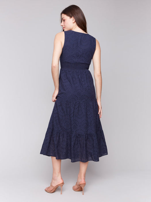 Lined Long Dress Elastic Waistband - Navy