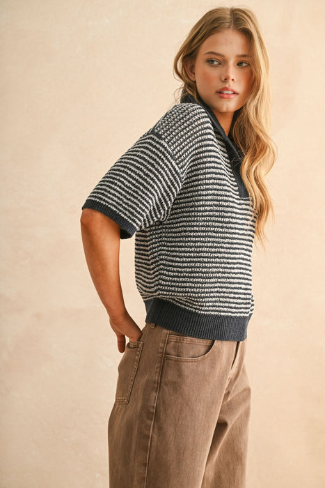 Collared Knitted Top - Navy & Grey