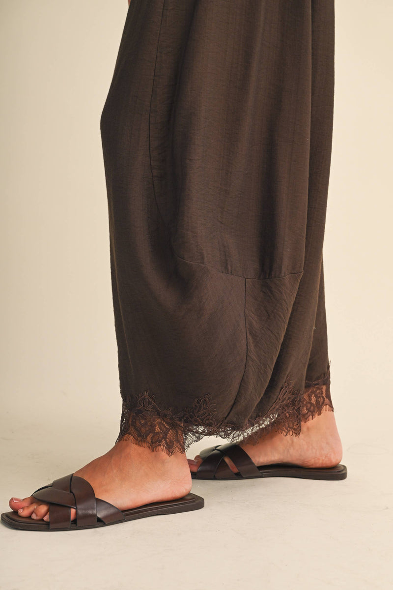 Barrel Fit Pants w/ Lace Trim Hem - Dark Brown