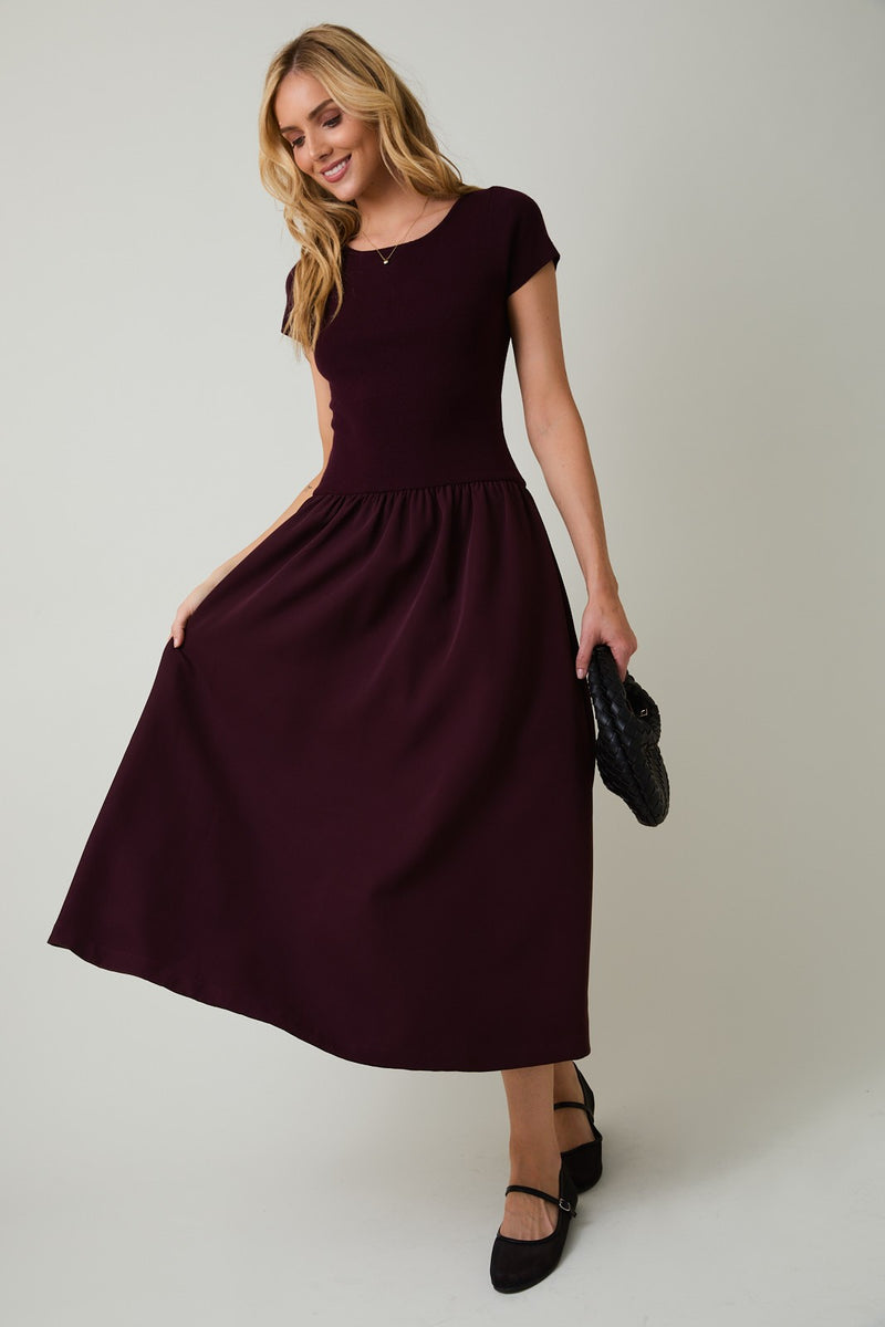 Woven Mix Midi Dress Maroon