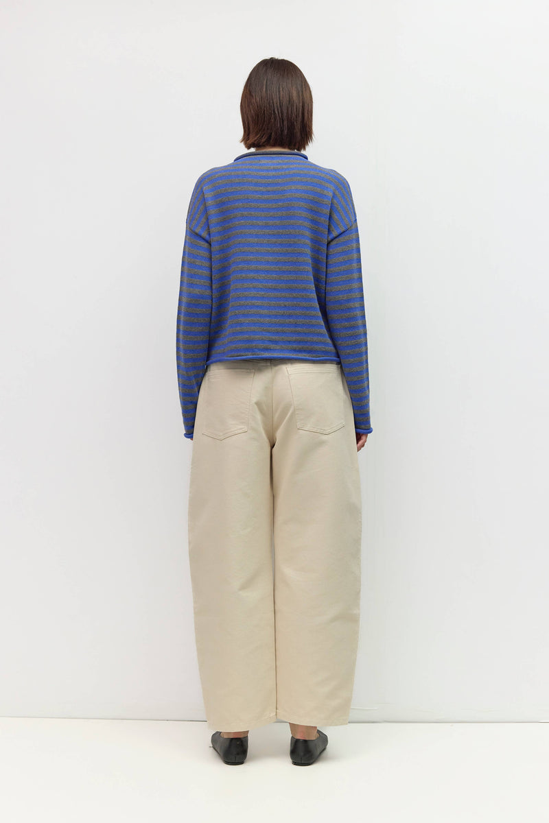 The Cecelia Cardigan | Striped Mock Neck Cotton Cardigan - Blue & Grey