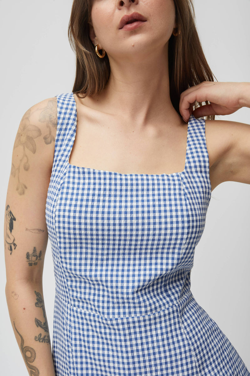 The Madeline Dress | Square Neck Gingham Midi Dress - Blue
