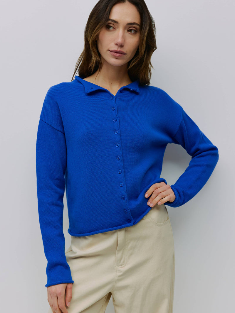 The Marlo Cardigan | Raw Hem Button-Down Cardigan - Blue