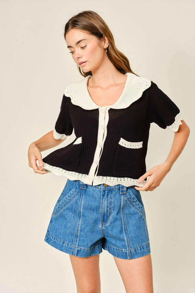 Crochet Collared Sweater Cardigan - Black & Ivory
