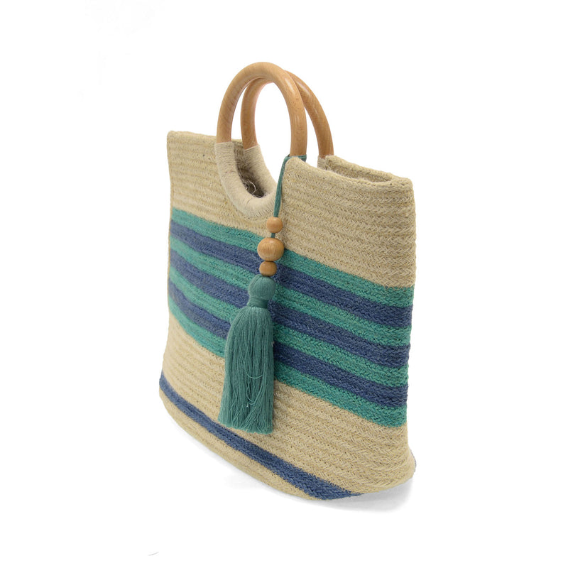 Striped Teagan Wood Handle Jute Tote W/ Tassel - Turq & Navy