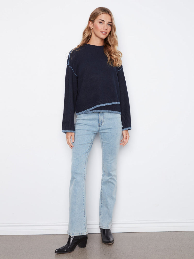 Charlie B • Crew Neck Sweater W/ Hem Detail - Navy