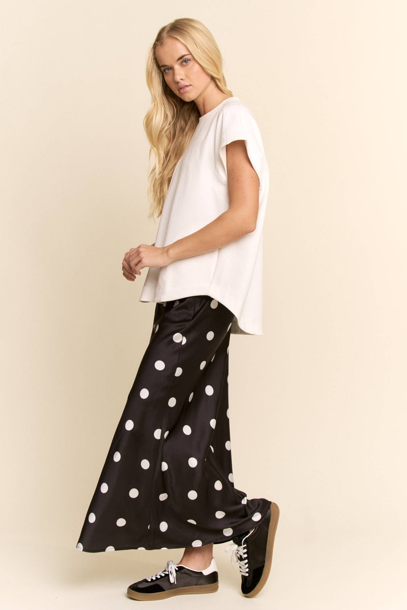 Polka Dot Long Satin Skirt - Black & White