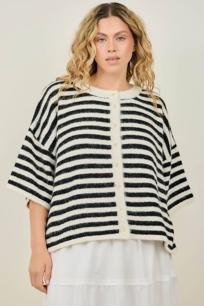 Short Sleeve Striped Cardigan - Cream & Black (Curvy)