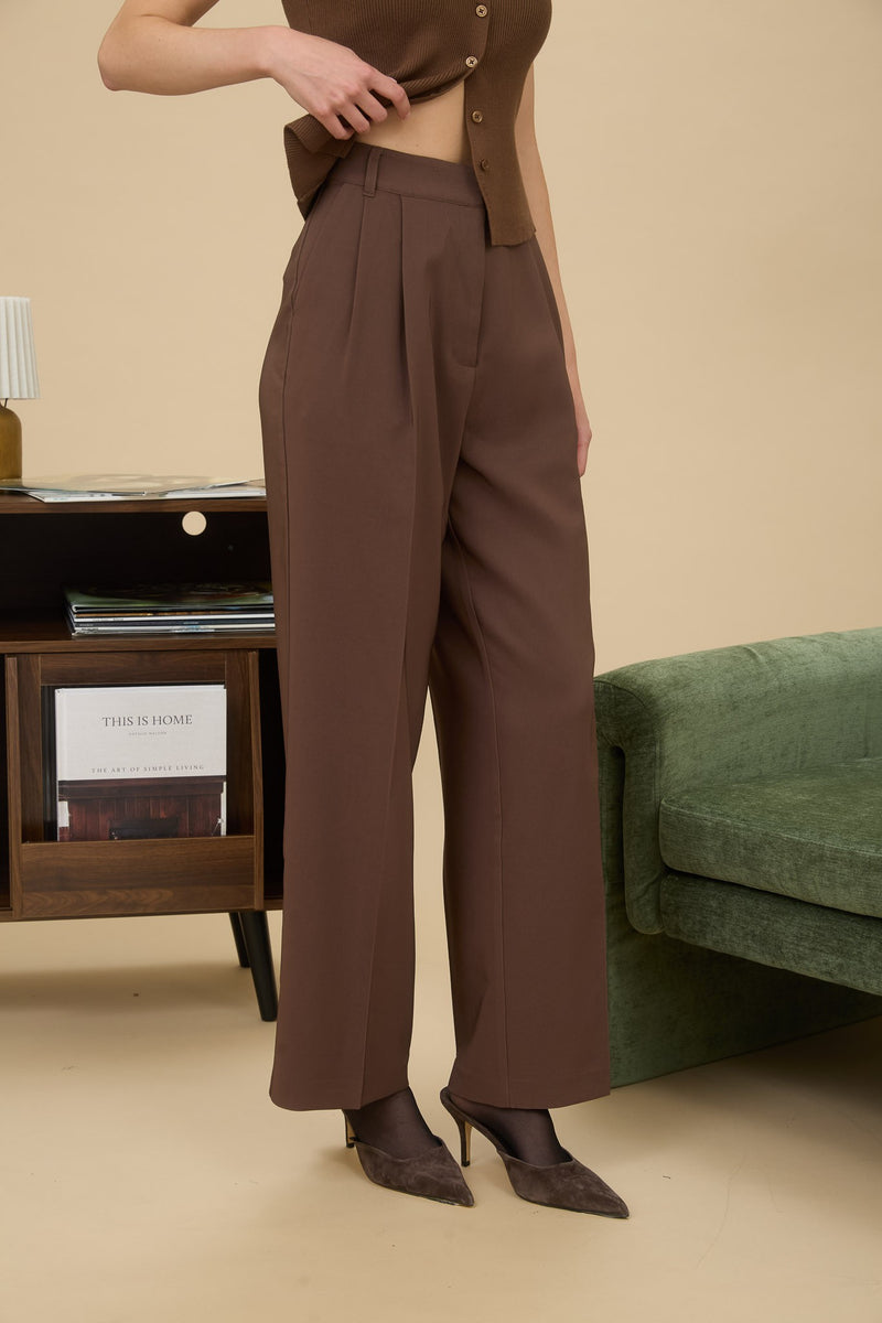 High Waist Pleated Wide Leg Dress Pants - Brown