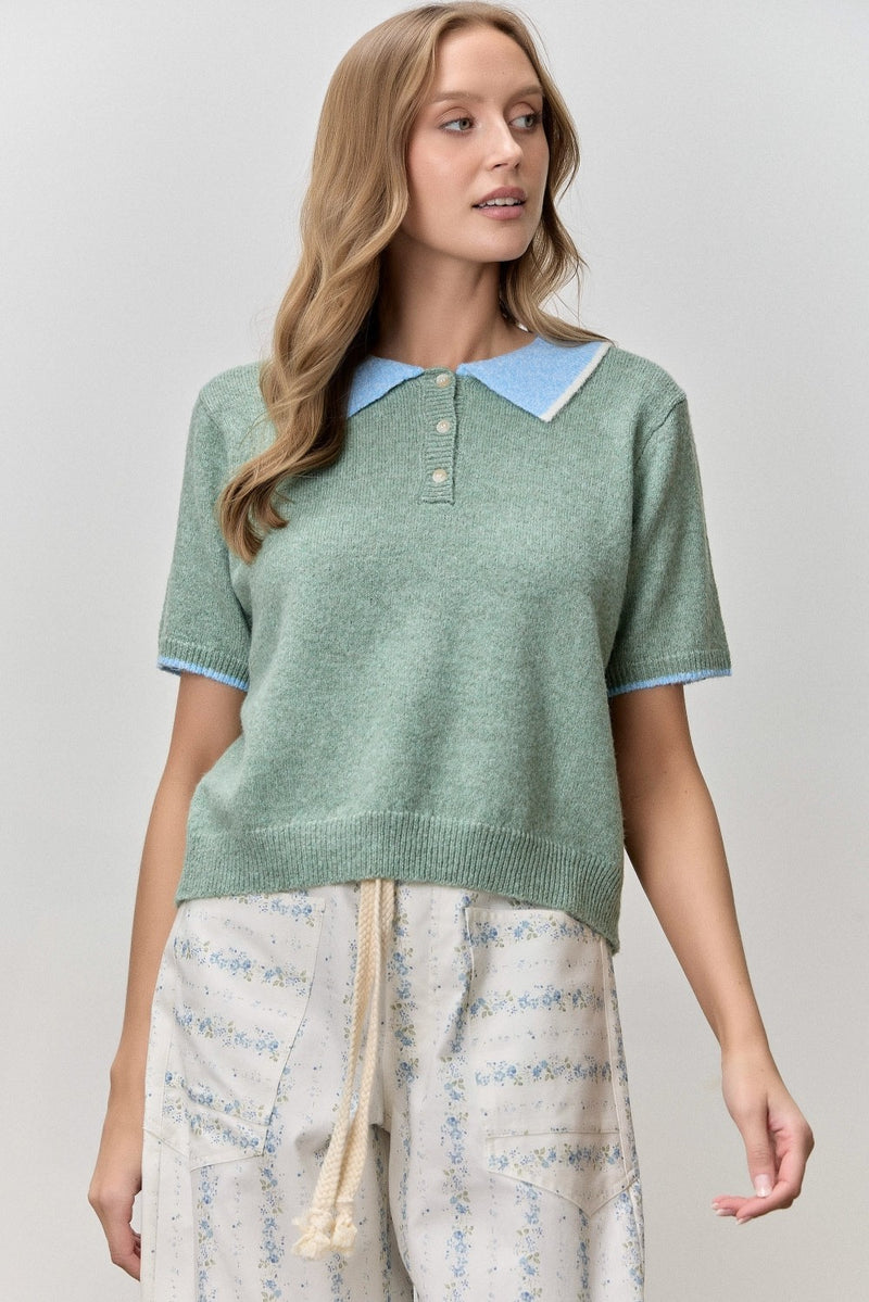 Contrast Collar Knit Top - Sage (Curvy)