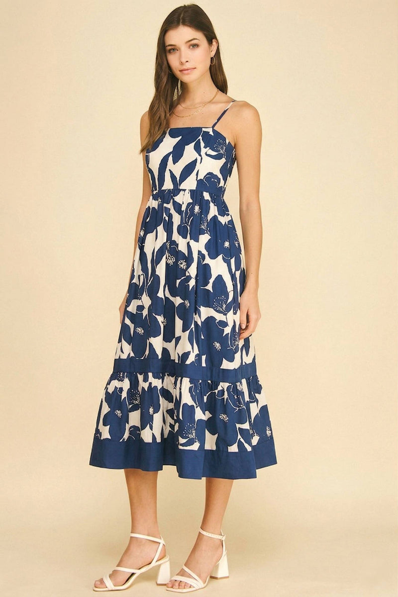Bold Floral Tiered Midi Dress - Navy