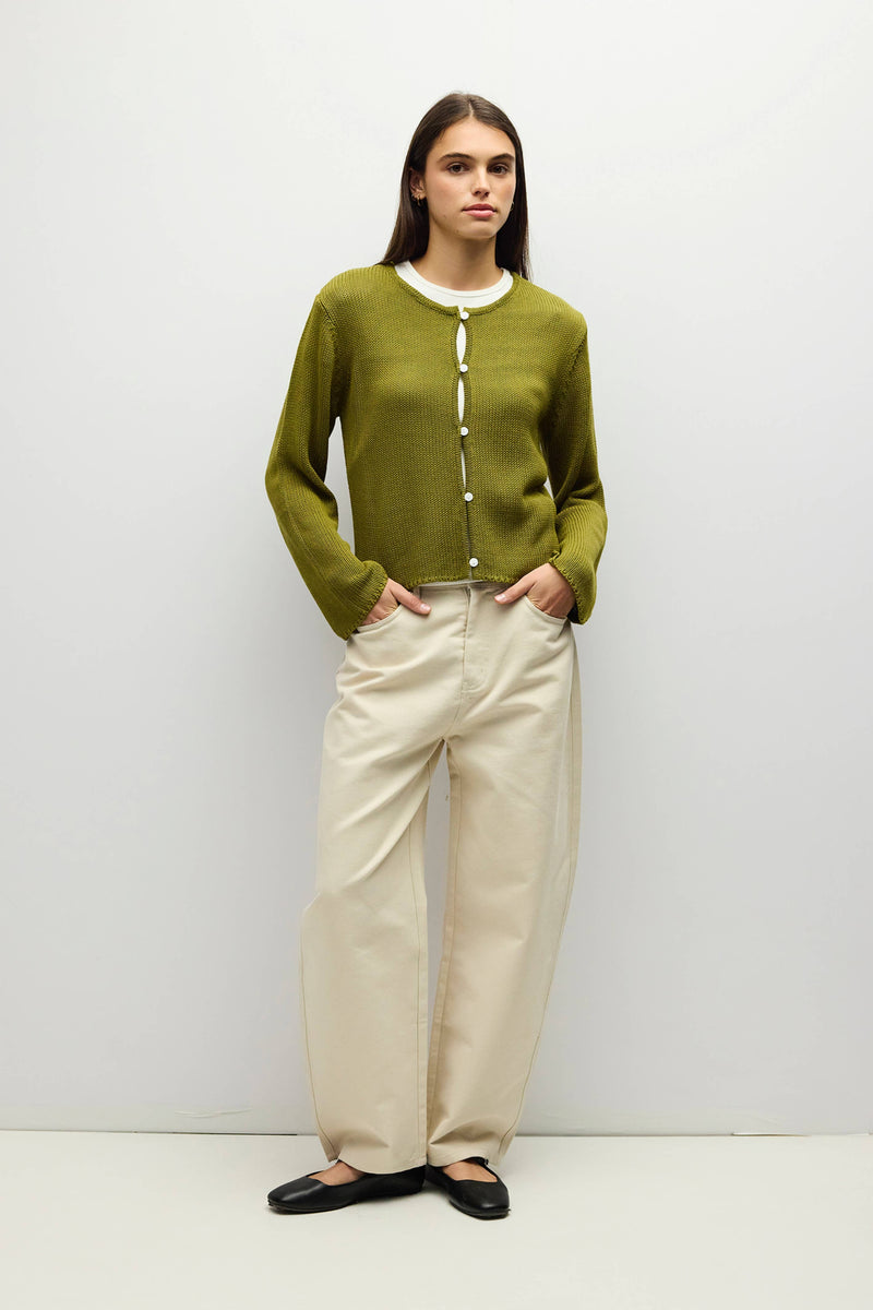 The Morgan Cardigan | Open Button Hole Long Sleeve Cardigan - Moss