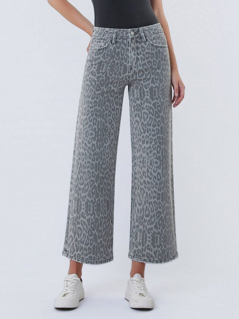 Vervet • High Rise Crop Wide Leg Jeans - Grey Leopard