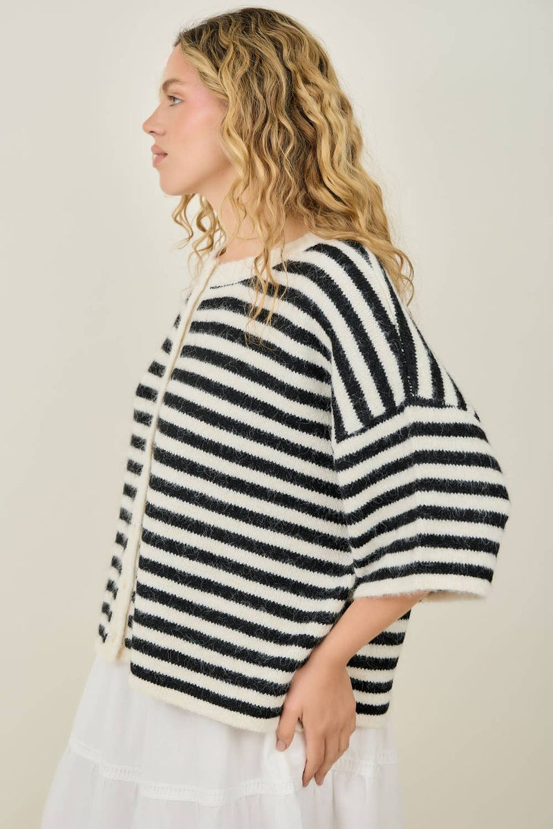 Short Sleeve Striped Cardigan - Cream & Black (Curvy)