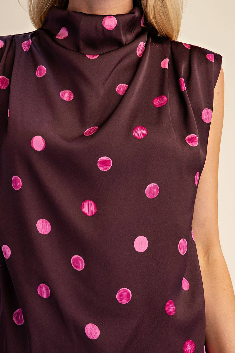 Cowl Mock Neck Polka Dot Sleeveless Top - Plum