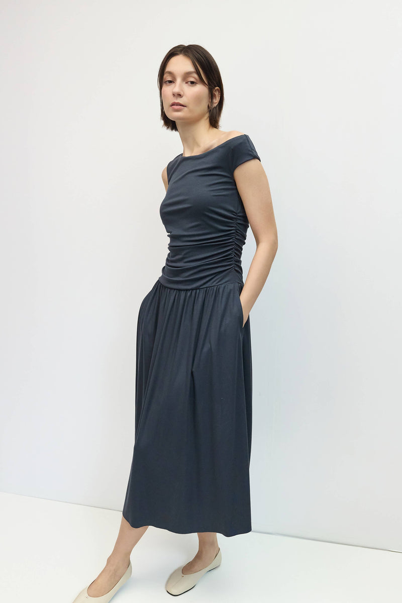 The Alaina Dress | Off the Shoulder Ruched Midi Dress - Navy