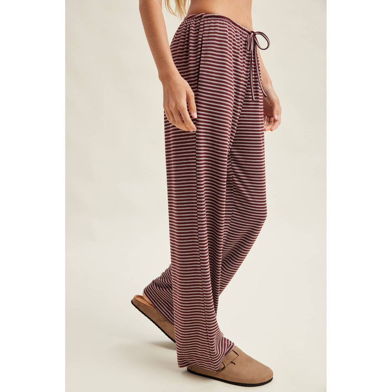 Striped Drawstring Knit Pants - Burgundy & Grey