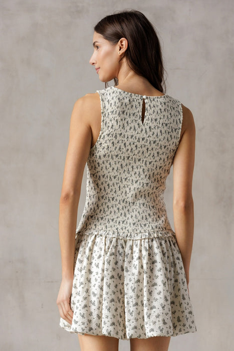 Drop Waist Bubble Hem Floral Mini Dress - Ivory & Black