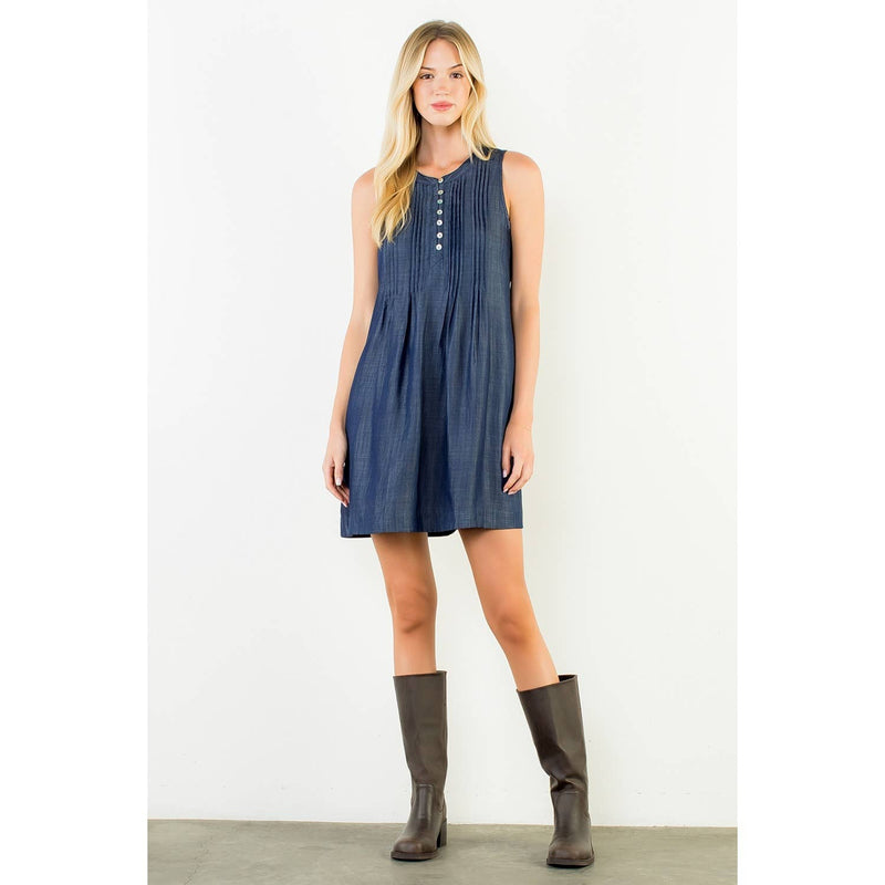 Sleeveless Denim Button Dress - Dark Blue