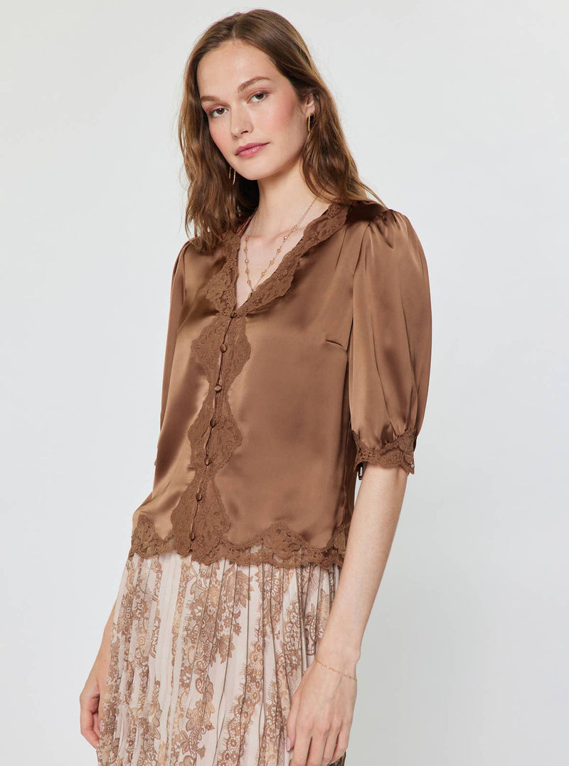 Lace Satin V-Neck Blouse - Mocha