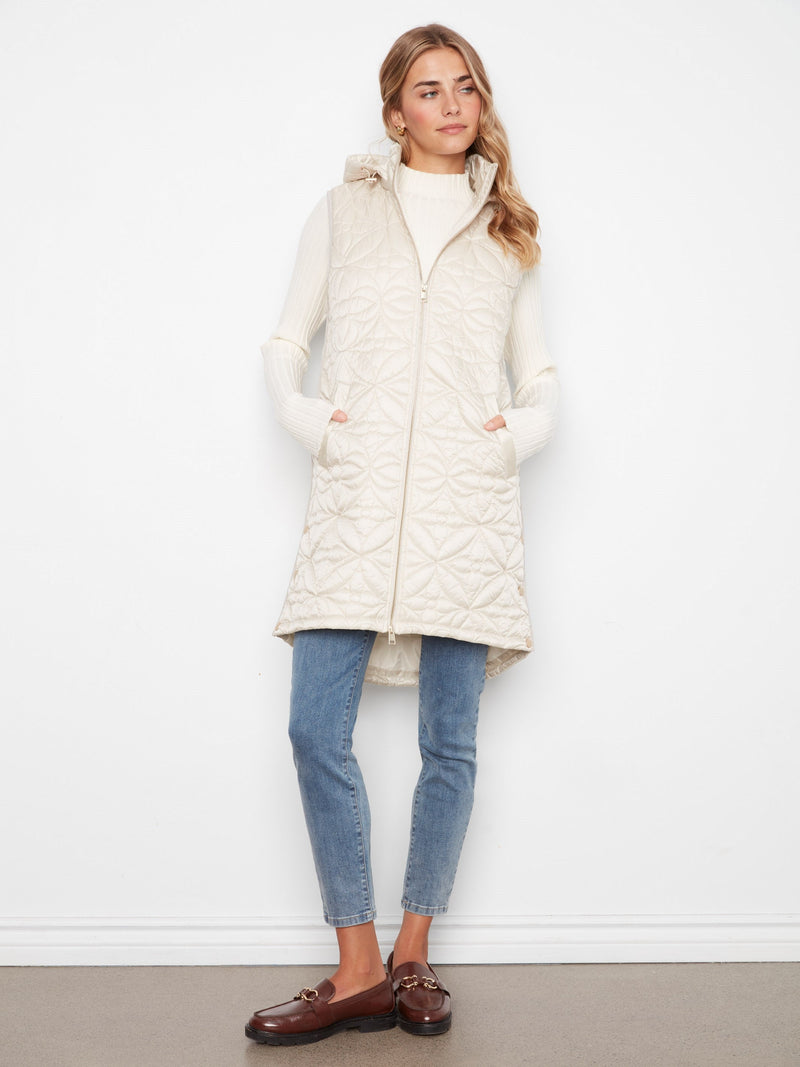 Charlie B • Sleeveless Long Puffer Vest W/ Removable Hood - Pearl