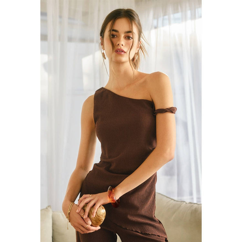 Soft Stretch One Shoulder Asymmetrical Tank - Brown