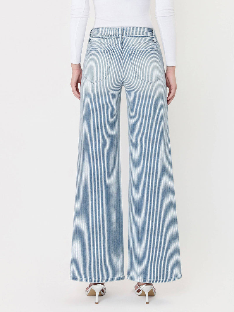 Vervet • High Rise Waist Tie Wide Leg Jeans - Stripe